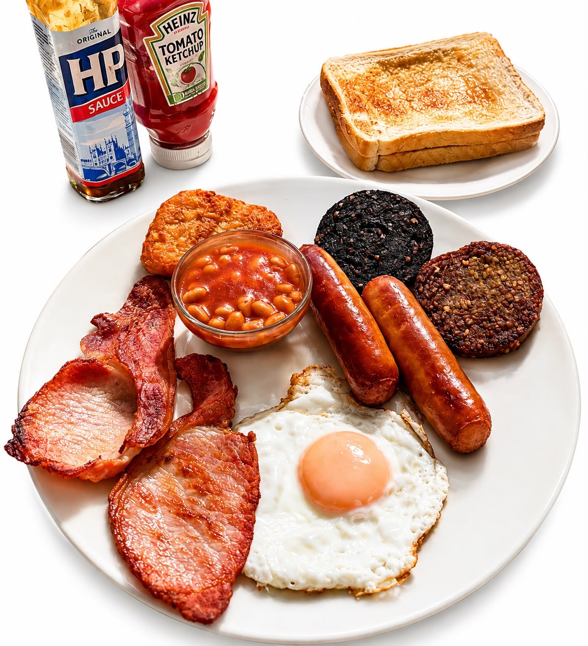 Full Irish breakfast with sausages, rashers, egg, black and white pudding, beans and toast