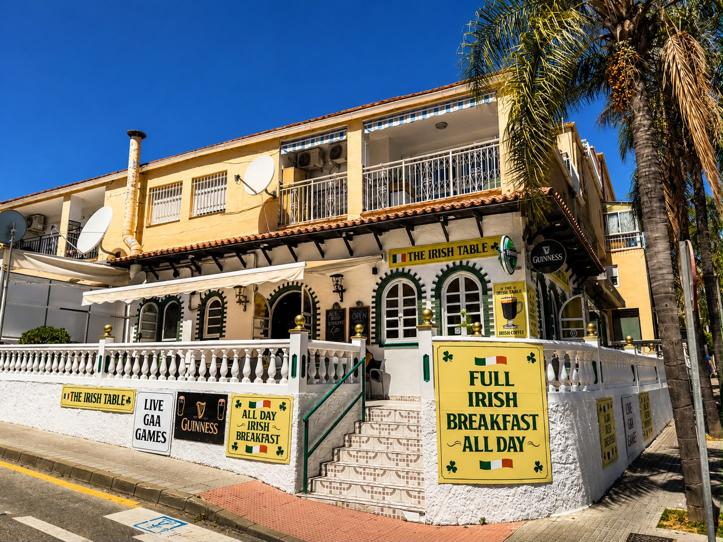 The Irish Table Torremolinos exterior with Full Irish Breakfast, Live GAA Games and Guinness signage