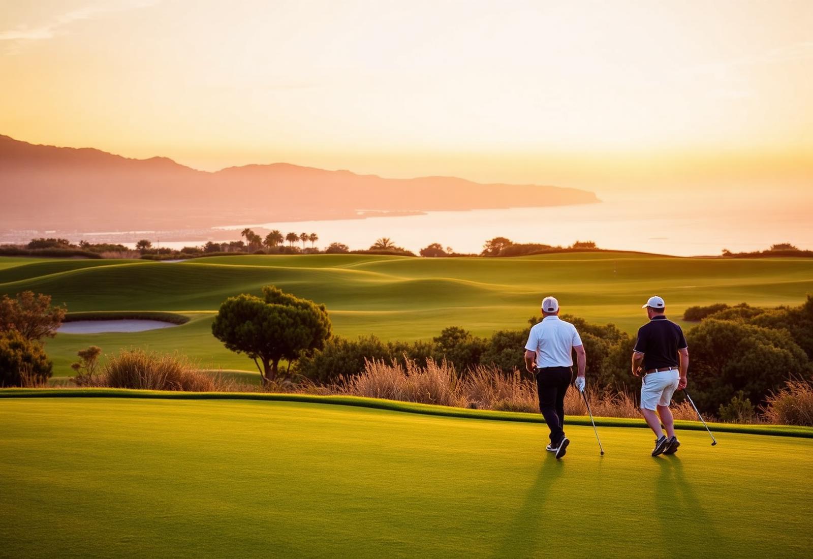 Golfers on a Costa del Sol course at sunrise